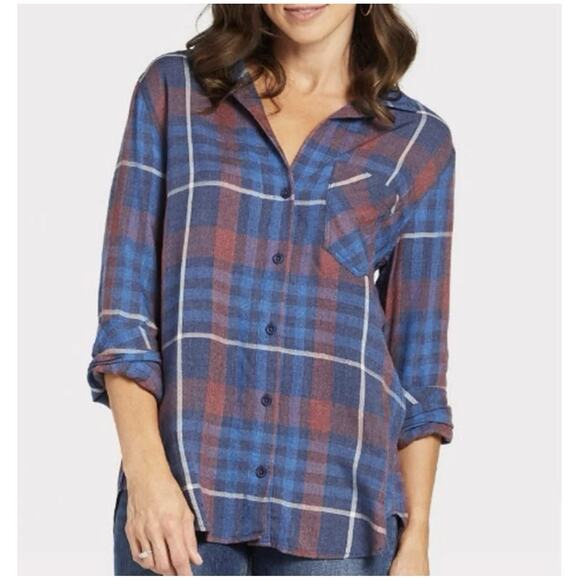 Cloth & Stone Shirt Women's Blue Red Plaid Front Pocket Button Down Size Small - Picture 1 of 9